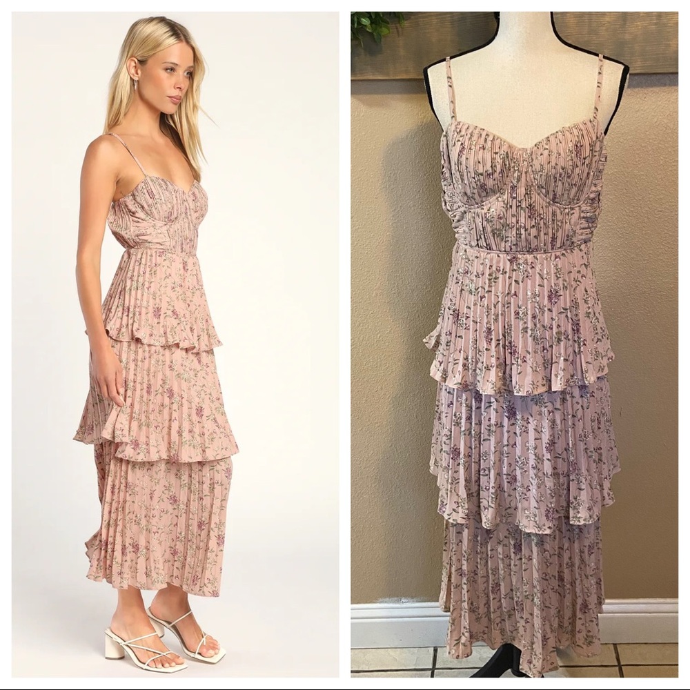NWOT Lulus Cascading Crush Pink Floral Print Tiered Bustier Midi Dress